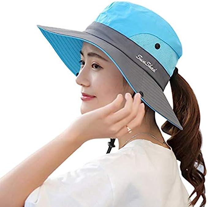 KPWIN Sun Hats for Women, Women's Ponytail Bucket Hat Outdoor UV Protection Foldable Mesh Wide Brim Beach Fishing Hat