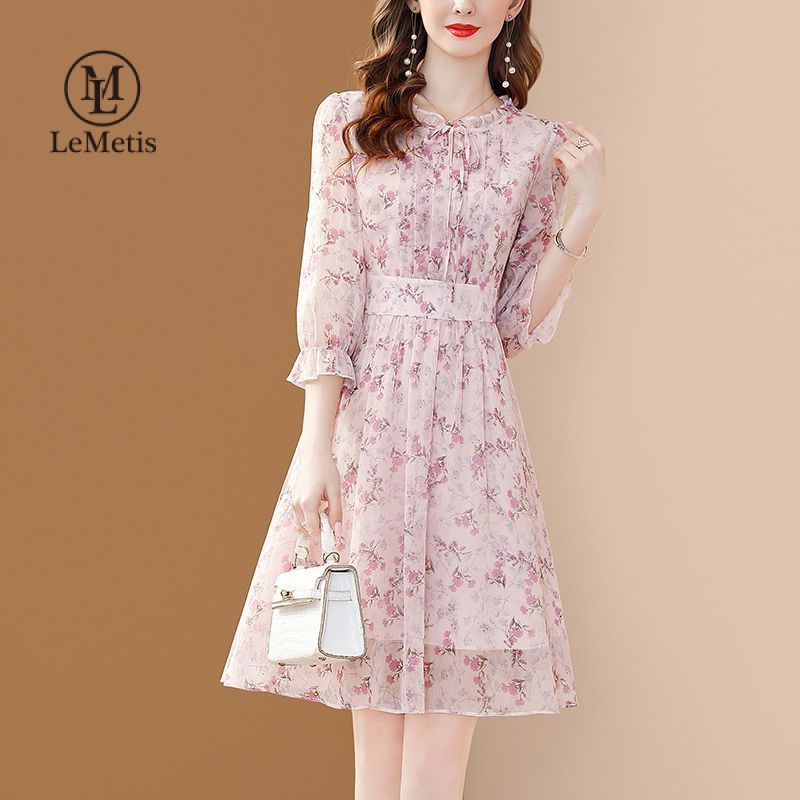 LeMetis Chiffon Floral Printed Dresses for Women 3/4 Sleeve Round-Neck Elegant Midi Dress