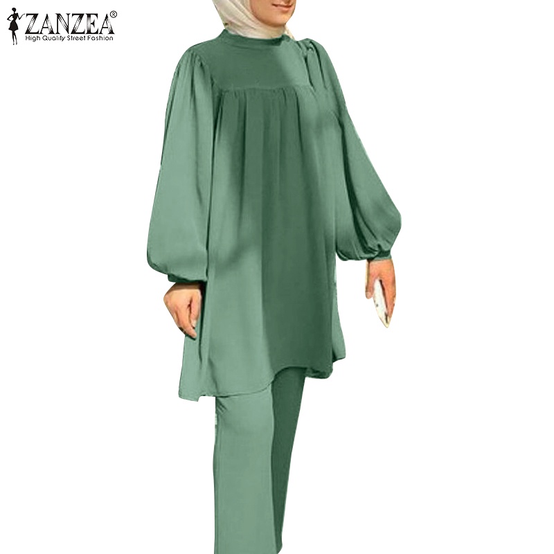 ZANZEA Women Muslim Casual Loose Long Sleeves Blouse+ Elastic Waist Pants Sets