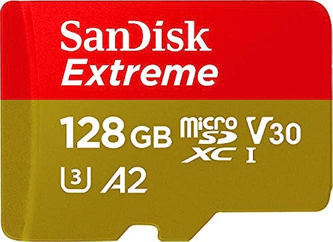 SanDisk 128GB Extreme microSDXC UHS-I Memory Card with Adapter - Up to 160MB/s, C10, U3, V30, 4K, A2, Micro SD - SDSQXA1-128G-GN6MA