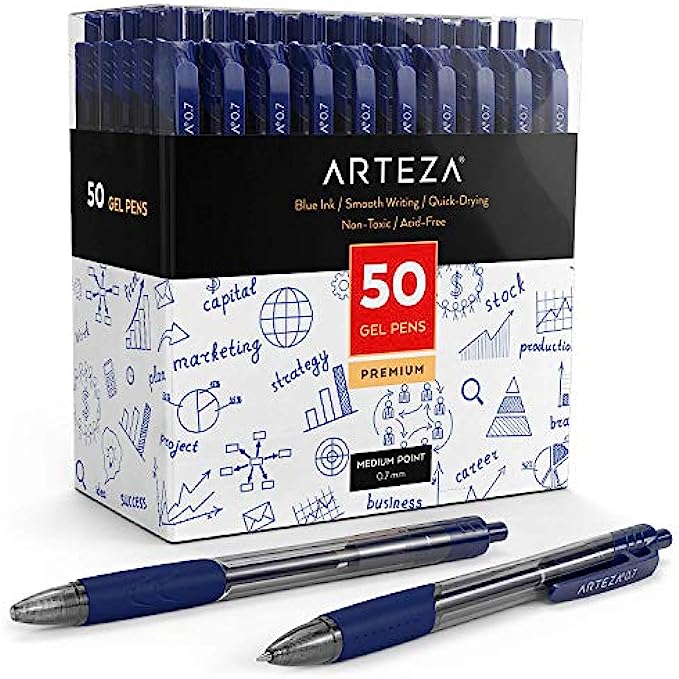 Arteza Gel Pens, Set of 50 Blue Roller Ball Bullet Journal Pens, Quick-Drying Ink, Fine Point, Office Supplies for Writing, Taking Notes & Sketching
