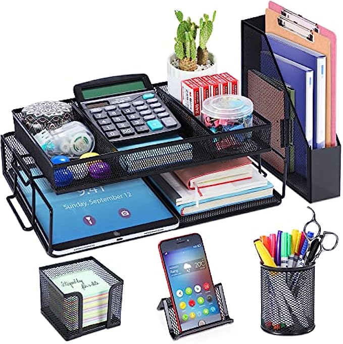6 Pcs Desk Organizers and Accessories, Mesh Desk Organizer Office Supplies with Business Card Holder Desktop Organizer with Paper Tray/Pen Holder File Organizer for Desk Accessories for Home & Off