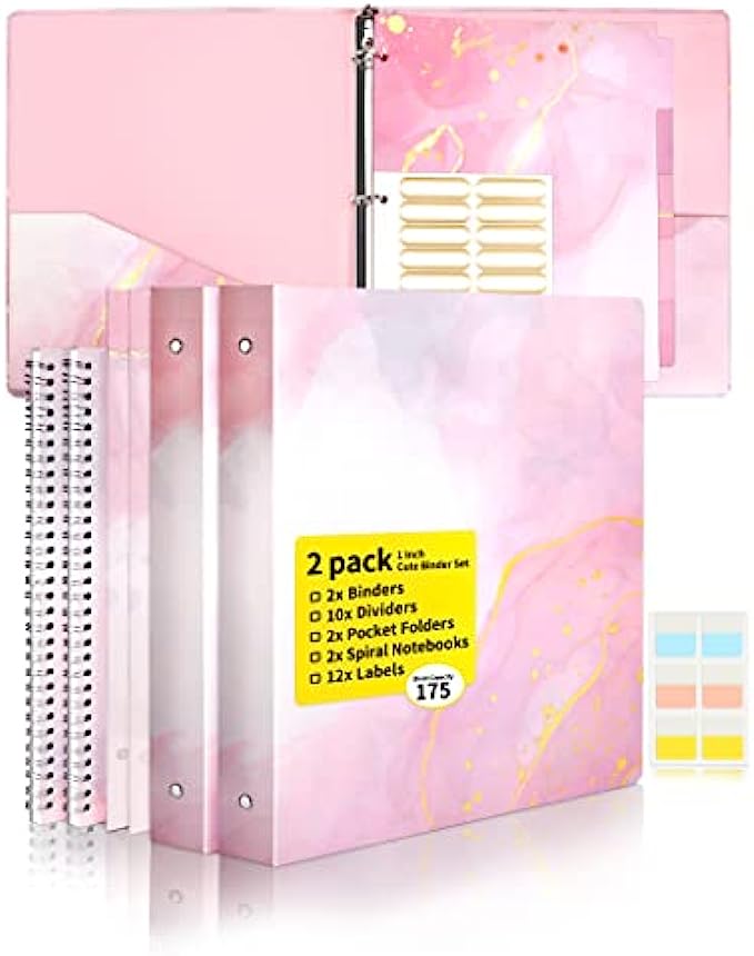 Cute Binders SUNEE 2 Pack 3 Ring Binder 1 Inch with 2 Pockets, 10 Tab Dividers, 2 Pocket Folders & 2 Spiral Notebooks, Pink Marble Heavy Duty Binder (Fit 8.5x11 Inches) for School Office Supplies