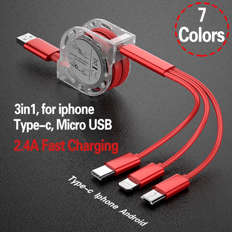 3 In 1 Retractable Micro USB Charge Cable Multi USB Charger Cable USB C Type-c Universal Cable