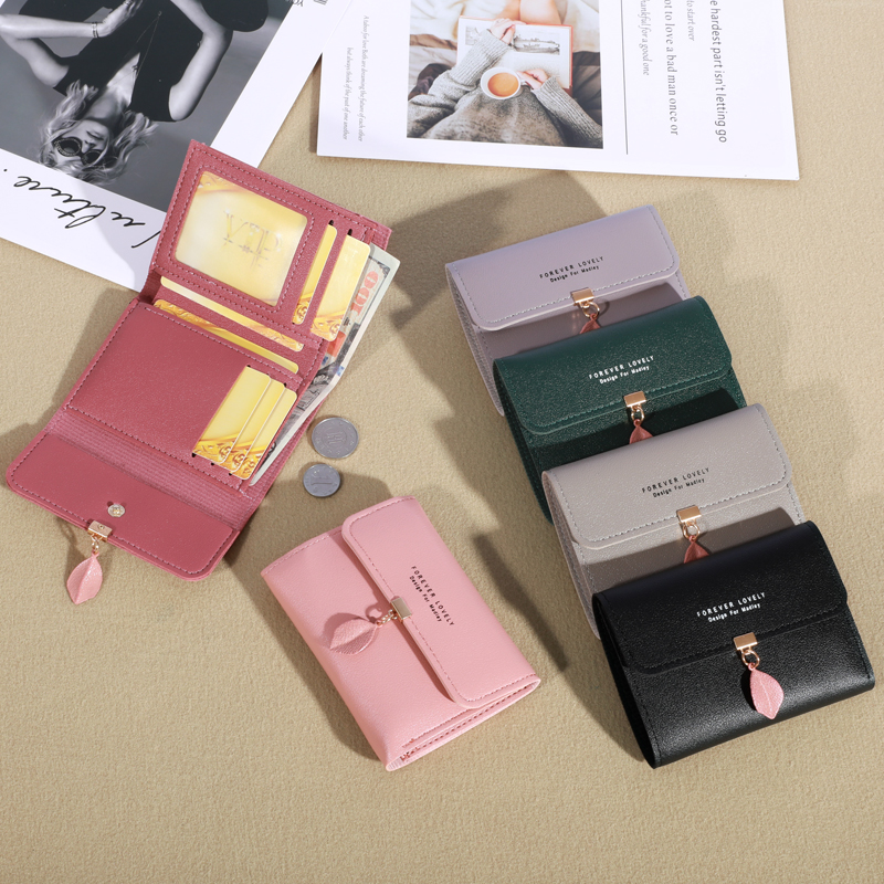 2023 New Style Fashion Small Wallet Women Short Style Korean Version Simple Small Fresh Leaves 70% off Buckle Coin Purse Card Holder Ladies Bag