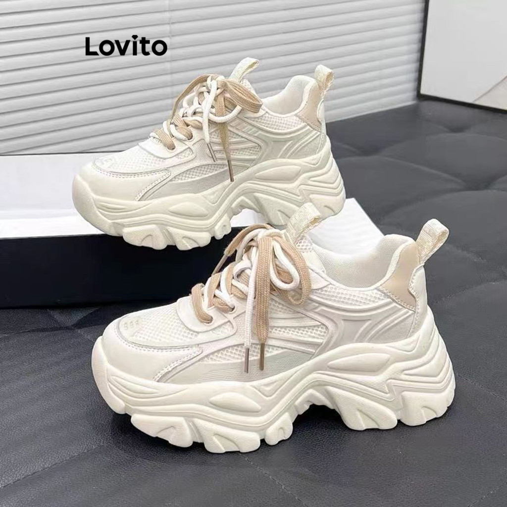 Lovito Preppy Plain Contrast Mesh Dad Shoes Thick Sole Sneakers for Women LFA22012