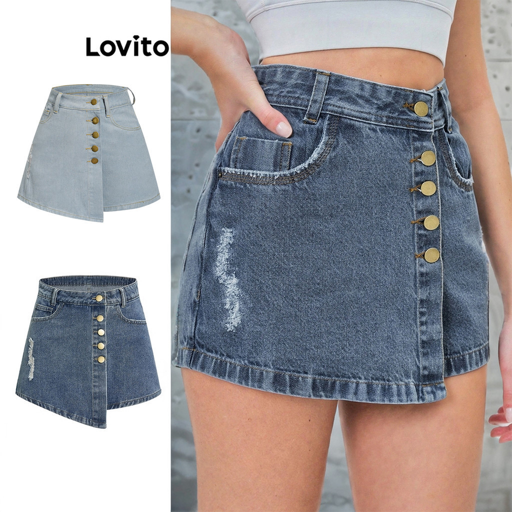 Lovito Casual Plain Asymmetrical Spiked Washed Denim Shorts for Women LBL05230 (Blue)