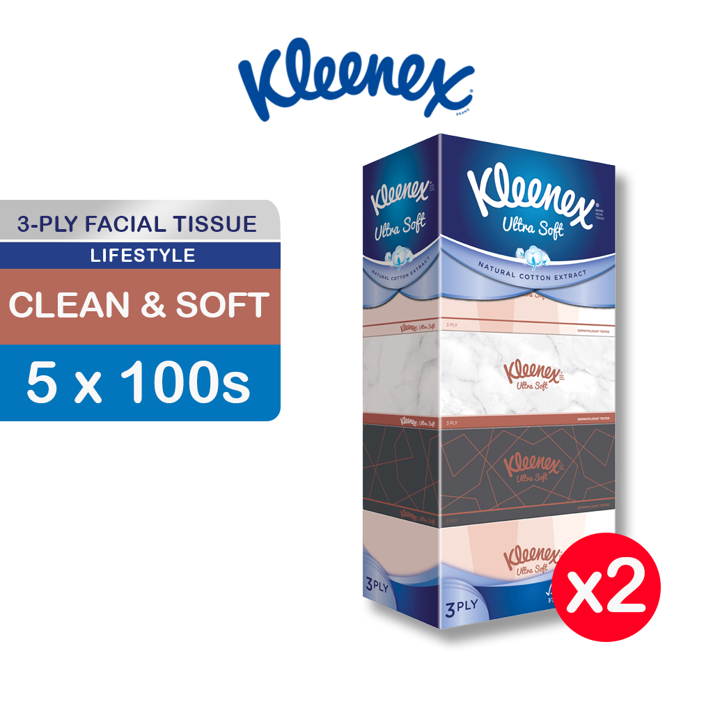 (Bundle of 2) Kleenex Ultra Soft 3-Ply Facial Tissues 5x100 Sheets - Lifestyle