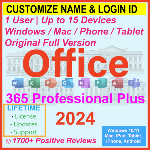 Microsoft Office 365 Lifetime Personal Family Windows 11 10/Mac/iPad Custom Name&ID 15 Device 2024