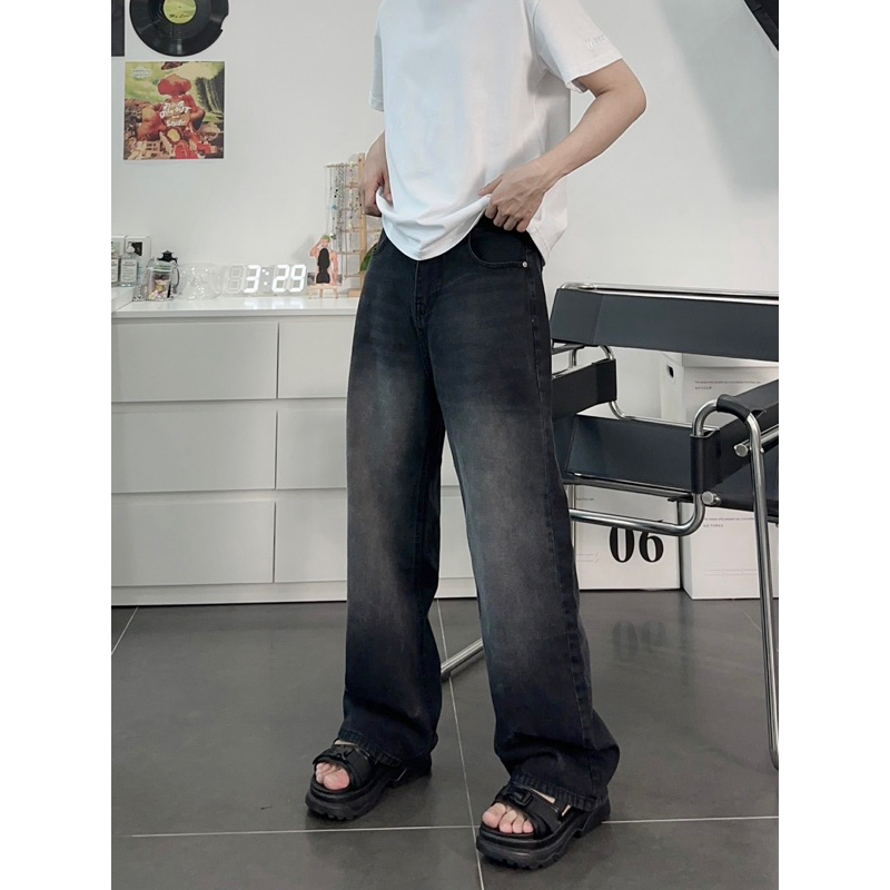 Baggy JEANS Wide Tube Smoke Gray Stripe 1007 FORM UNISEX (Real Photo)